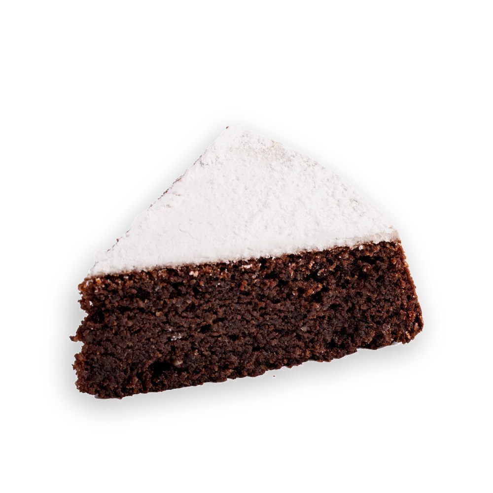 Fetta di torta caprese al cacao spolverata di zucchero a velo