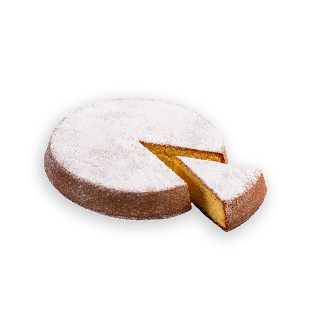Torta caprese al limone intera, spolverata di zucchero a velo, con una fetta tagliata