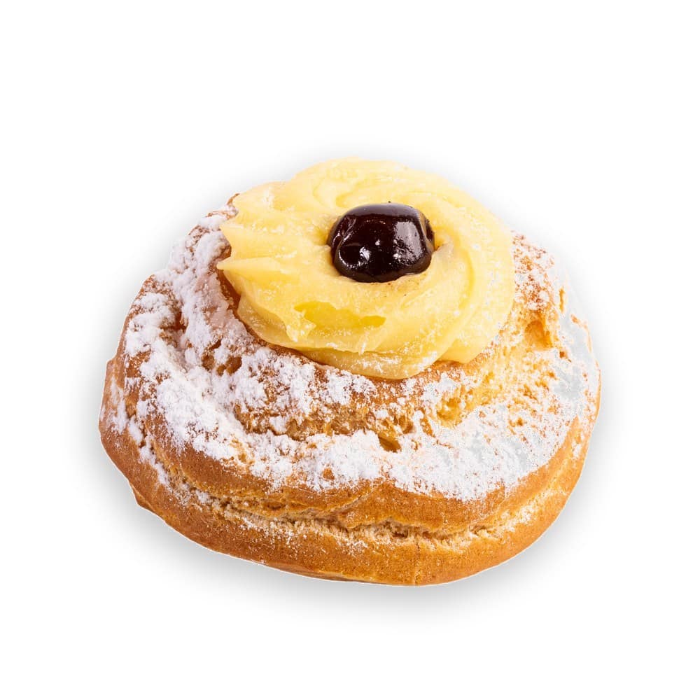 Zeppola di San Giuseppe con crema pasticcera e amarena sciroppata