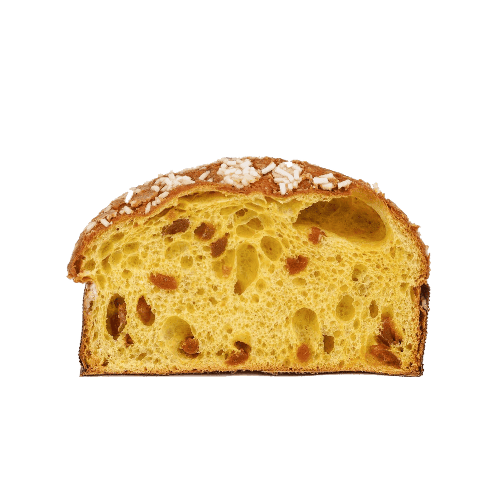 Sezione di colomba artigianale all’albicocca Pellecchiella con granella di zucchero