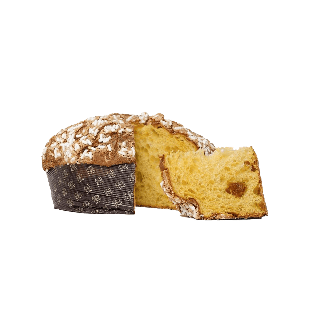 Panettone artigianale all’albicocca Pellecchiella nel pirottino, con una fetta tagliata
